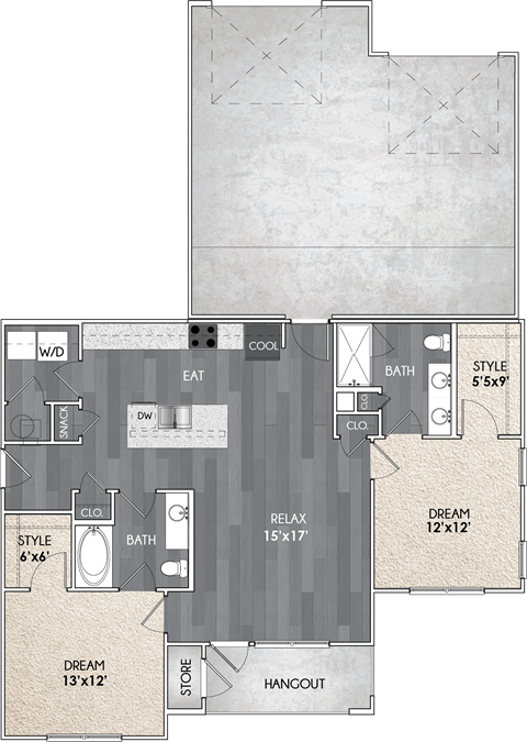 Floor plan for 2 beds, 2 baths, 1142 sqft